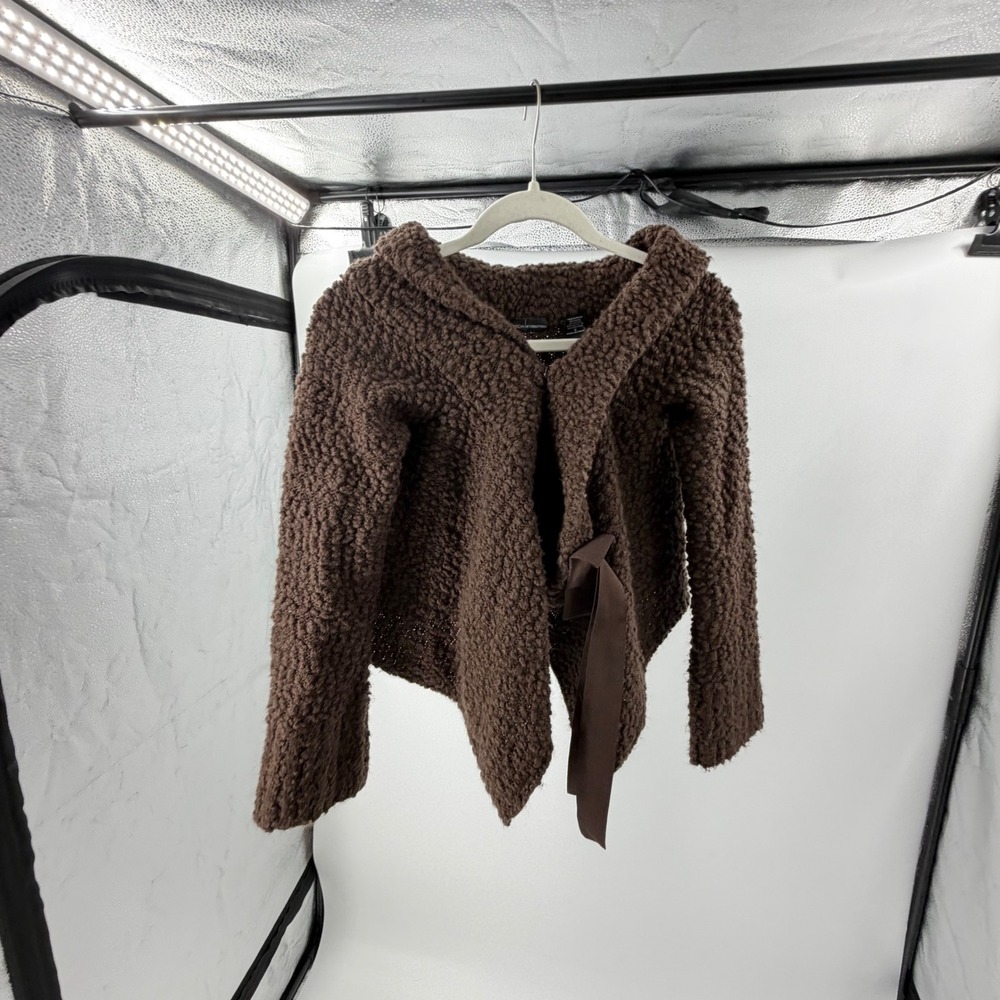 Moda International Brown Boucle Knit Wrap Cardigan Sweater Ribbon Tie Small